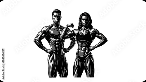 Muscular Bodybuilders, Male and Female, Posing Flexing Muscles in Silhouette Style