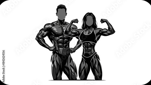 Muscular Bodybuilders Posing Flexing Muscles, Fitness and Strength Concept