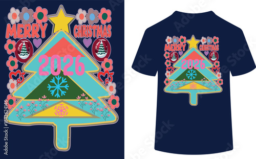 Whimsical Christmas tree design for t shirt and greeting card