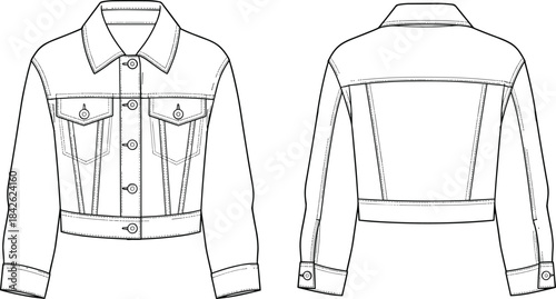 Cropped Denim Trucker Jacket Flat Sketch Technical Fashion Illustration Template Drawing for Women's Casual Streetwear and Contemporary Garment Design Mockup Artwork Vector.