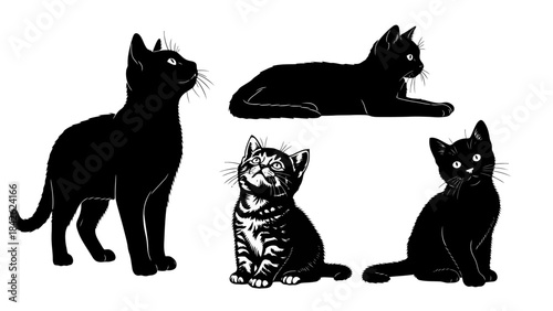 Collection of Black Cat Silhouettes in Various Poses on White Background