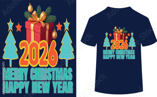 Christmas and new year 2026 t shirt design with gifts and trees