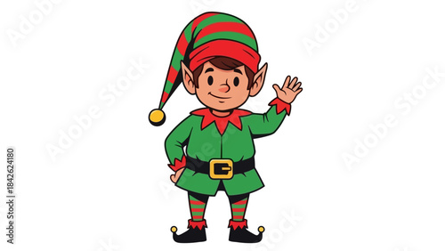 Cute Cartoon Elf Waving Hand Wearing Red and Green Striped Hat and Outfit