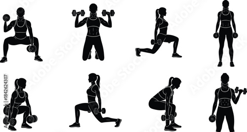 Black Silhouette Set of Women Exercising with Dumbbells Vector Illustration, Various Fitness Workout Poses for Gym, Sport, Training, Weightlifting, and Healthy Lifestyle Content.