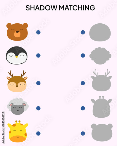 Animal shadow matching worksheet for kindergarten children