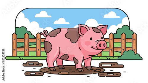 Cute Pink Pig with Brown Spots Standing in Mud on a Farm with Wooden Fence