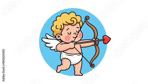 Cute Cupid with Bow and Arrow Aiming Heart Arrow, Valentine's Day Love Symbol Illustration