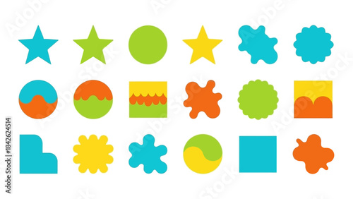 Collection of Diverse Colorful Geometric Shapes and Abstract Forms on White Background