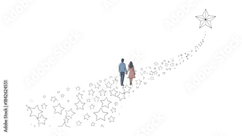 Path to Dream's Light: A couple strolls hand-in-hand along a trail of stars, gazing toward a radiant star. This image symbolizes hope, dreams, and unity in a tranquil scene.