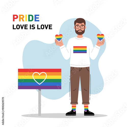A handsome man holding two rainbow heart celebrate pride month, vector illustration
