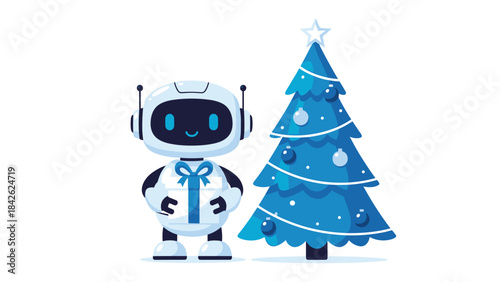 A cheerful robot standing beside a decorated christmas tree on a during the holiday season with festive ornaments and lights