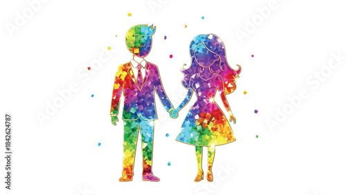 Colorful couple holding hands: Silhouette of a couple formed by colorful, textured patterns, hand in hand, set against a pristine background, depicting unity.