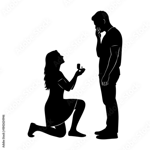 A silhouette illustration capturing a woman proposing marriage to a man who is overcome with surprise. Vector