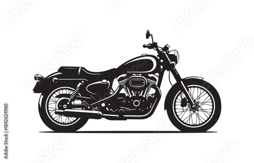 Black and white vector illustration of a classic retro motorcycle on a white background