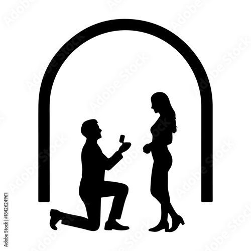 A romantic silhouette showing a man proposing marriage to a woman under an arch Vector.