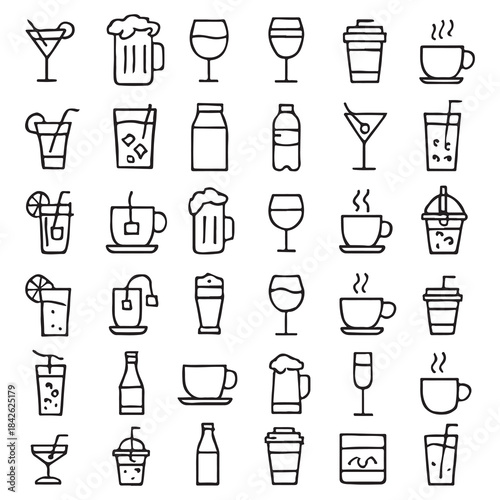 Outline icons of various beverages including coffee, tea, alcohol, and soft drinks