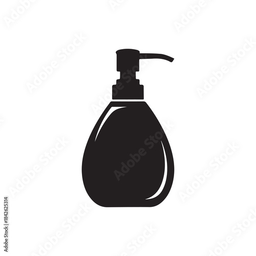 A simple black silhouette of a liquid soap dispenser bottle with a pump mechanism