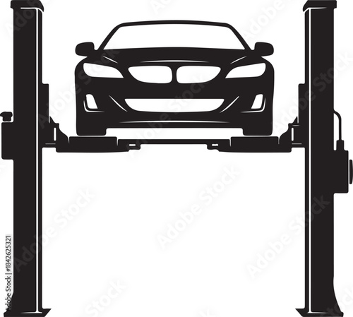 A black silhouette icon of a car being lifted by a two-post hydraulic lift for service and repair