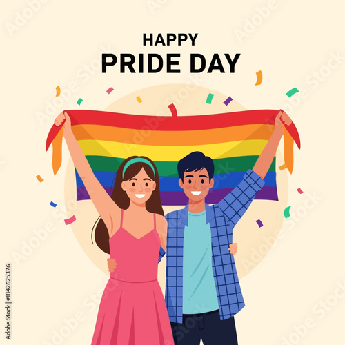 The couple holding a lgbt flag celebrate happy pride day