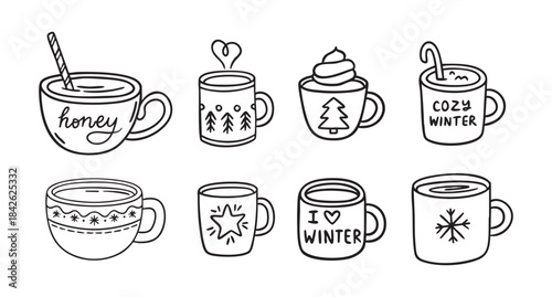 Cozy winter mugs line art clipart set with quotes and simple symbols, monochrome collection, hand drawn.