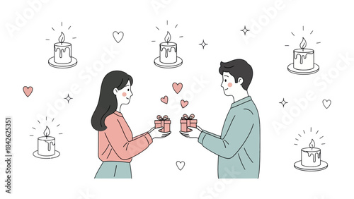 Exchanging Gifts of Love: A tender moment unfolds as two individuals exchange gifts amidst a romantic atmosphere, the air filled with affection and warmth. 