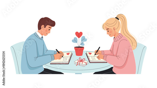 Love Pact in Bloom: A couple sits at a table, their hearts intertwined by a shared moment of commitment as they each sign their declarations of love, with a heart shaped decor blooming between them.