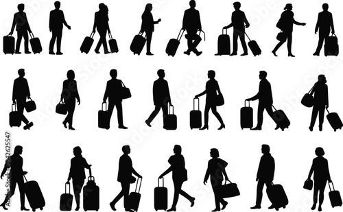 Collection of traveler silhouettes walking with suitcases and bags, illustrating airport passengers, tourism movement, transportation, and modern travel lifestyle concepts