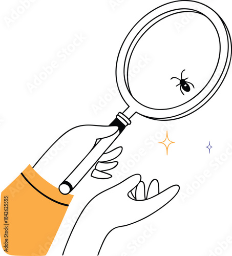 Hands holding a magnifying glass to examine a small ant