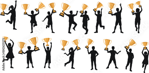Joyful celebrating children holding golden trophies in dynamic silhouette poses, symbolizing achievement, success, teamwork, motivation, and inspirational youth accomplishments.