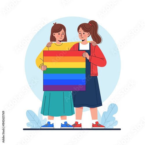 A happy couple holding lgbt flag for celebrating pride month