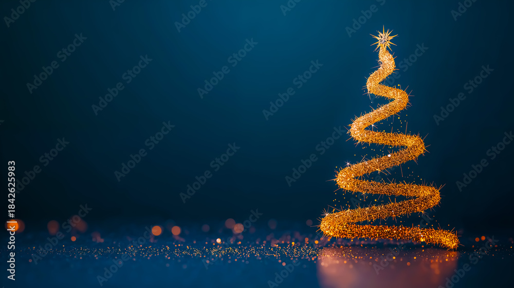 Obraz premium A sparkling golden spiral christmas tree ornament reflecting on a dark surface with a bokeh background creating a festive holiday atmosphere