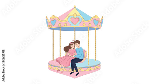Carousel Romance: A tender moment unfolds as a couple shares an intimate embrace on a pastel-colored carousel, their love story mirroring the whimsical charm of the setting. 
