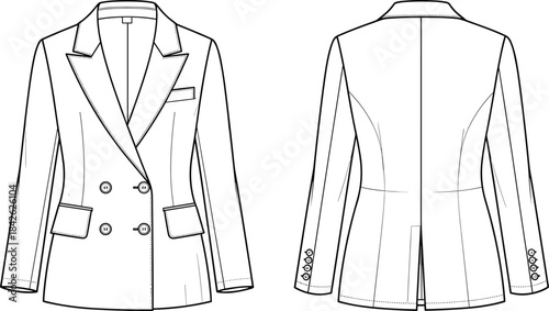 Double-Breasted Classic Tailored Blazer Jacket Flat Sketch Technical Fashion Illustration Template Drawing for Women's Office Wear Business Formal and Casual Garment Design Mockup Artwork.