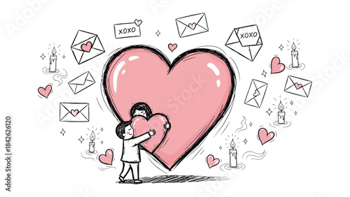 Cherishing Love and Affection: A heartwarming illustration showing a person embracing a large heart with affection, surrounded by romantic elements like love letters and candles.
