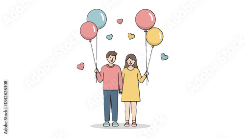 Love-Filled Celebration: A couple in embrace, celebrating with colorful balloons amidst a shower of hearts, a visual representation of love and togetherness.