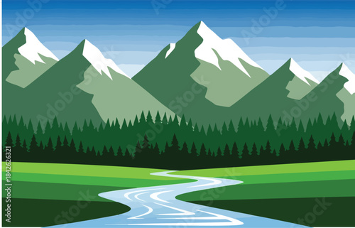 Scenic vector illustration of snow-capped mountains overlooking a winding river through a lush green valley