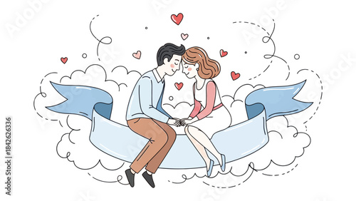 Eternal Embrace: A charming illustration captures the tender moment between a couple, their hearts intertwined amidst a backdrop of clouds and symbolic hearts.