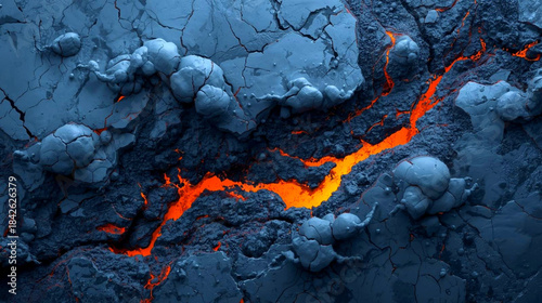 Molten lava flowing through a dark rugged terrain with bright orange glow and cracks in the ground surface