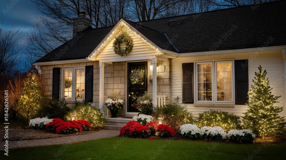 Fototapeta premium Small American house beautifully decorated for Christmas, festive outdoor lighting and ornaments, cozy holiday home exterior, with copy space