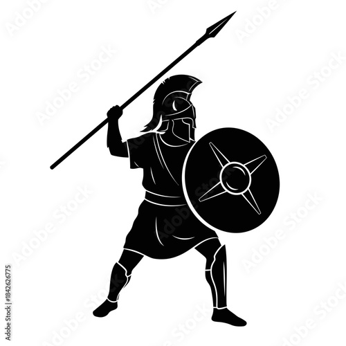Ancient Spartan Warrior Silhouette – Greek Hoplite Spear Shield Vector