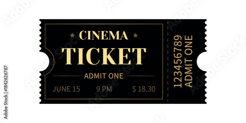 Luxury Black Ticket. Coupon in Gold and Black Colors. Admit One sign. Cinema ticket or Pass. Vector illustration. 