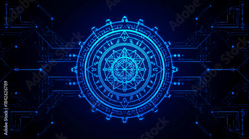 Glowing blue neon mandala design on dark background with circuit board pattern