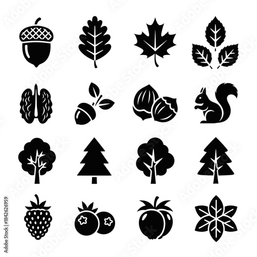 Forest Nature Silhouette Icon Set – Leaves Nuts Trees Animals Vector Collection