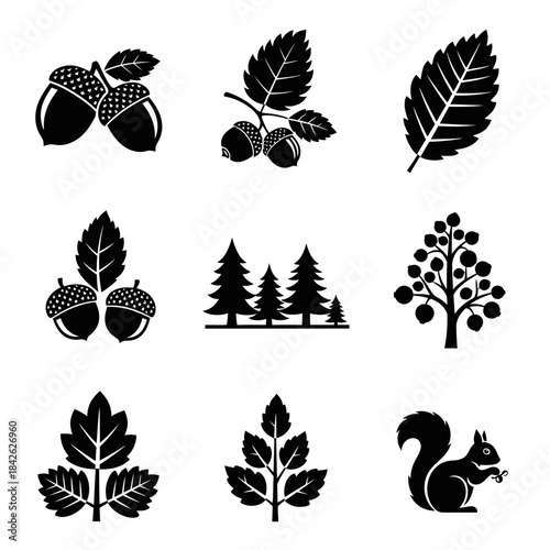 Forest Nature Silhouette Icon Set – Leaves Nuts Trees Animals Vector Collection