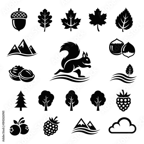 Forest Nature Silhouette Icon Set – Leaves Nuts Trees Animals Vector Collection