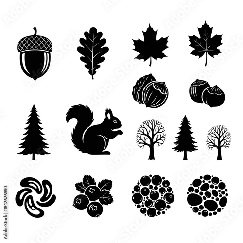 Forest Nature Silhouette Icon Set – Leaves Nuts Trees Animals Vector Collection