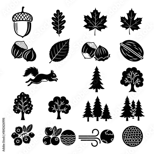 Forest Nature Silhouette Icon Set – Leaves Nuts Trees Animals Vector Collection