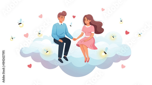 Dreamy Couple's Cloud: A charming couple sits hand-in-hand atop a fluffy cloud, encircled by floating hearts and twinkling lights. It's a whimsical, romantic illustration perfect for conveying love.
