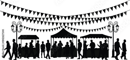 Black silhouette of people walking and gathering at a busy outdoor market festival with stalls, vendors, and festive bunting flags.
