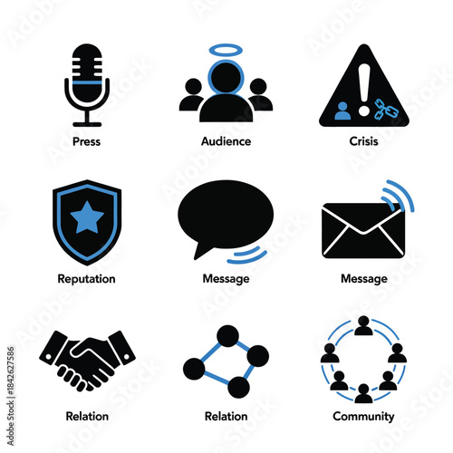 Set of communication and business icons press, audience, crisis, reputation, message, relation, and community